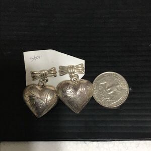 Beautiful vintage bow and quarter size heart sterling, silver earrings